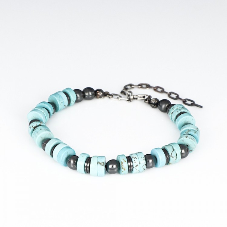 Firuze Ve Hematit Taşlı Erkek Gümüş Bileklik 