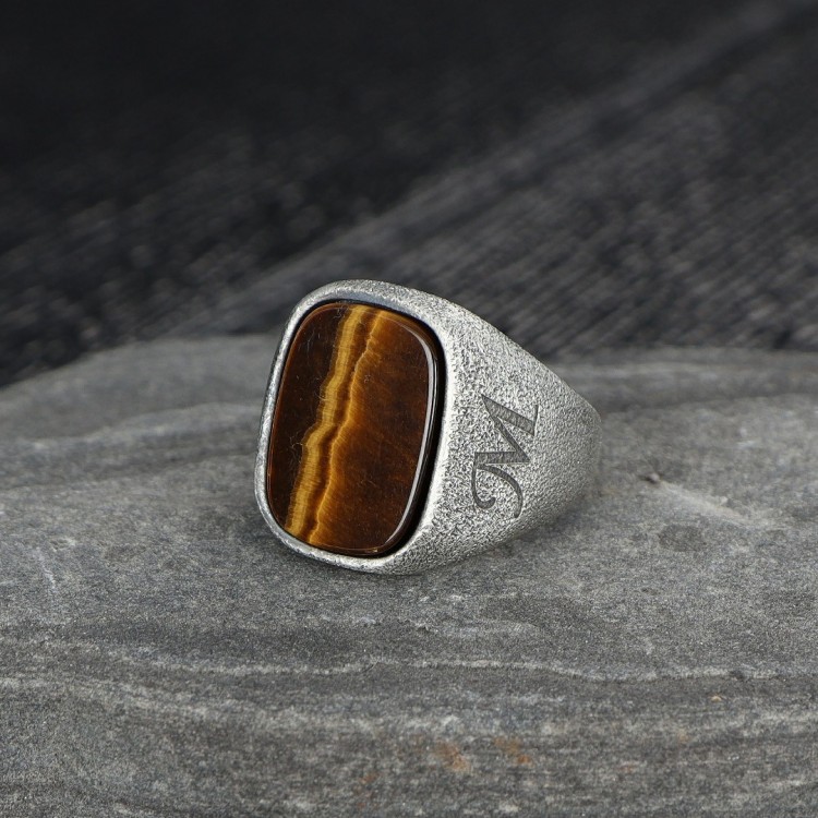 Eskitme Model Kişiye Özel Harf İşlemeli Kaplangözü Taşlı Erkek Gümüş Yüzük