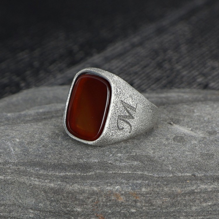 Eskitme Model Kişiye Özel Harf İşlemeli Akik Taşlı Erkek Gümüş Yüzük