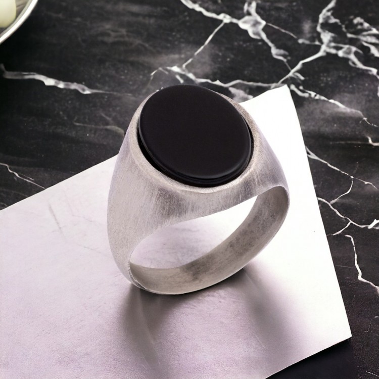 Oval Oniks Taşlı Eskitme Model Erkek Gümüş Yüzük