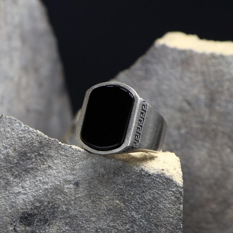 Oniks Taşlı Eskitme Model Erkek Gümüş Yüzük