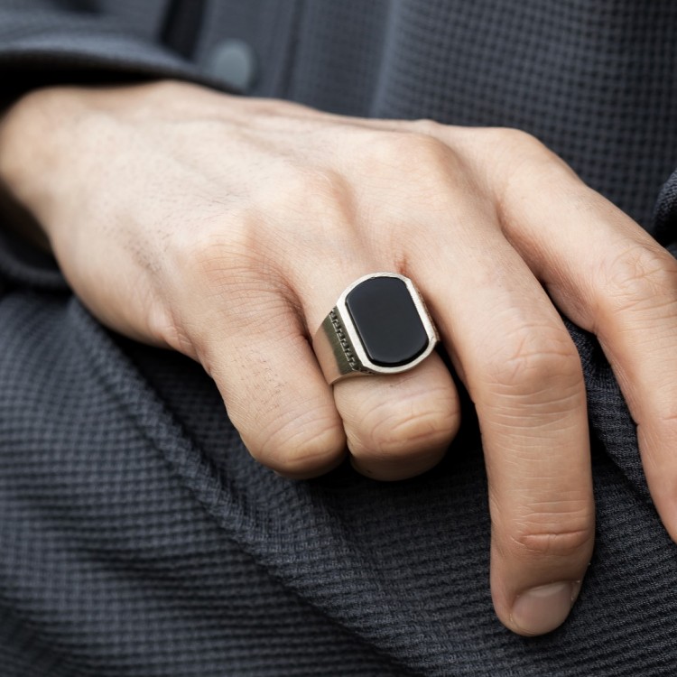 Oniks Taşlı Eskitme Model Erkek Gümüş Yüzük