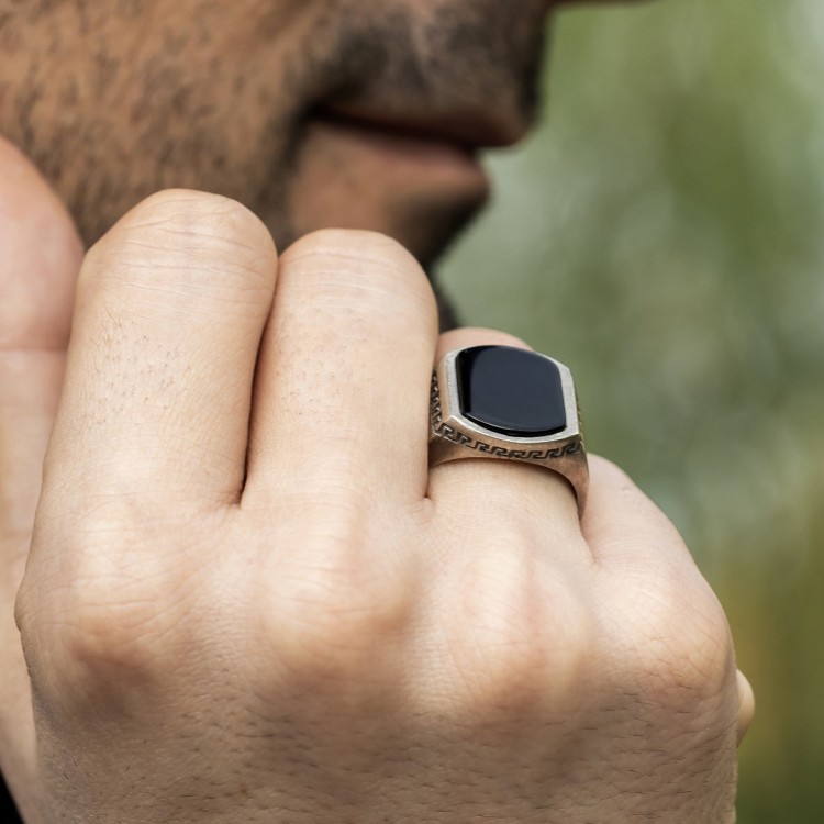 Oniks Taşlı Eskitme Model Erkek Gümüş Yüzük