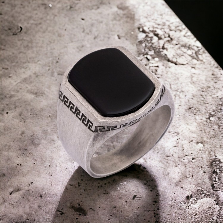 Oniks Taşlı Eskitme Model Erkek Gümüş Yüzük