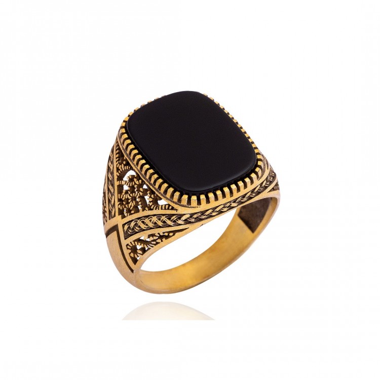 Altın Kaplama Oniks Taşlı Erkek Gümüş Yüzük
