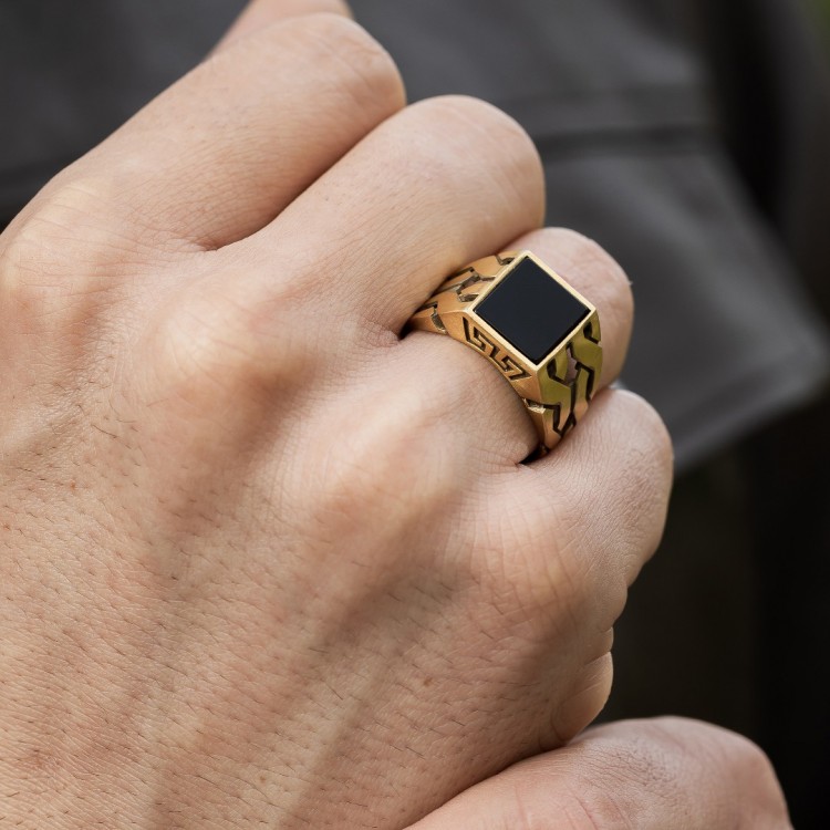 Altın Kaplama Oniks Taşlı Küba Zincir Örmesi Model Erkek Gümüş Yüzük