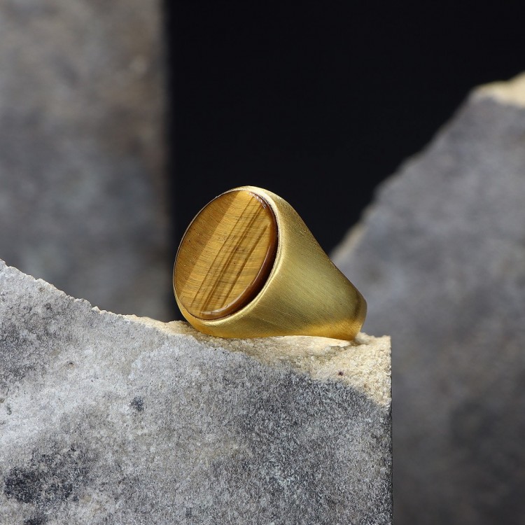 Altın Kaplama Oval Kaplangözü Taşlı Erkek Gümüş Yüzük