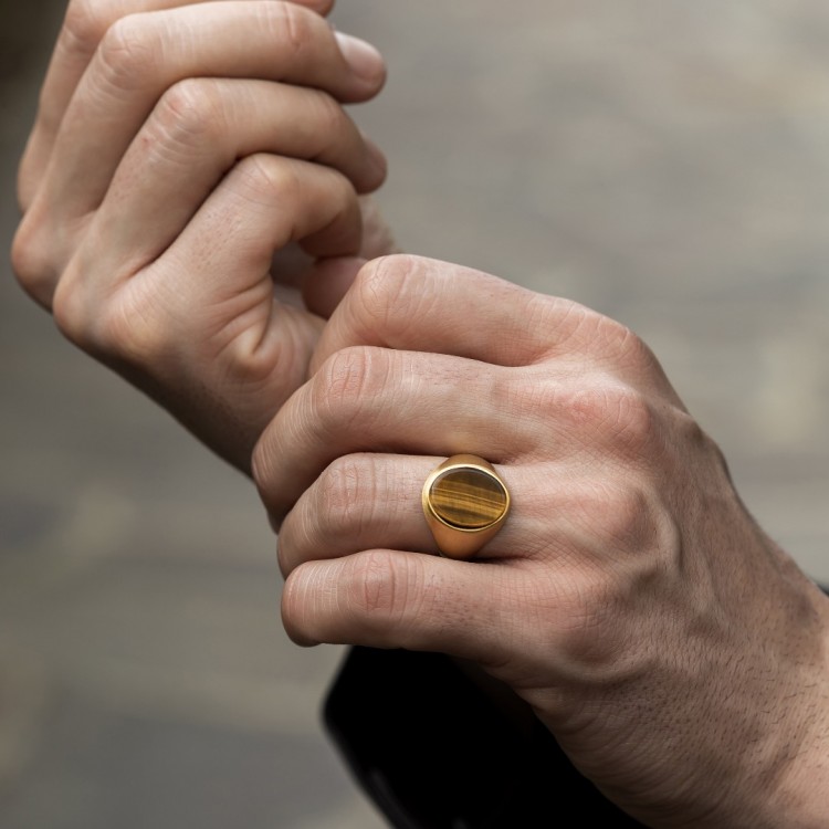 Altın Kaplama Oval Kaplangözü Taşlı Erkek Gümüş Yüzük