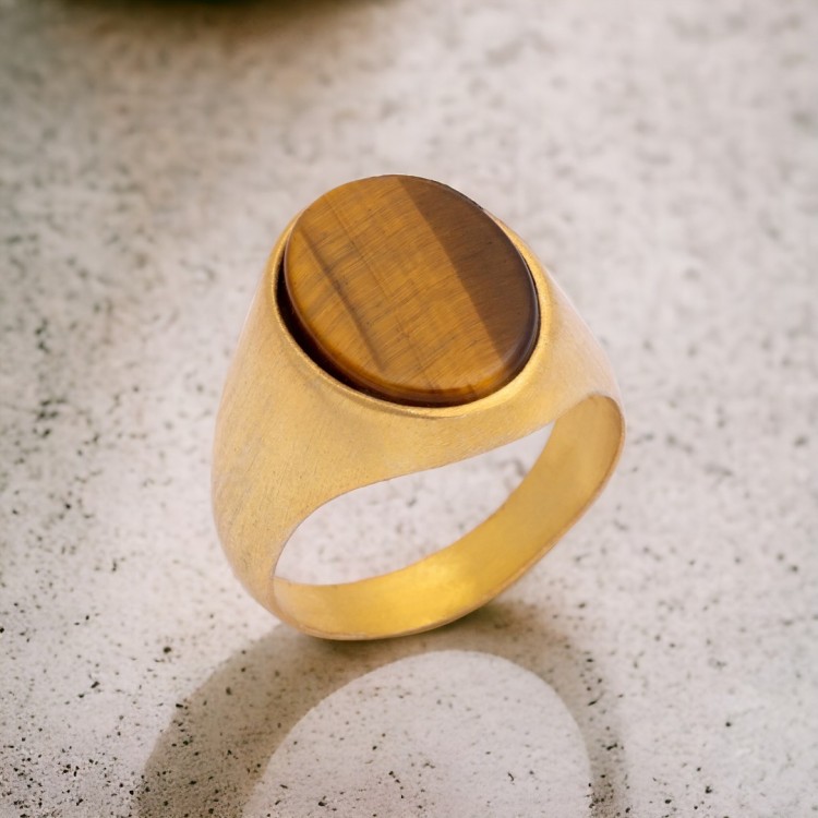 Altın Kaplama Oval Kaplangözü Taşlı Erkek Gümüş Yüzük