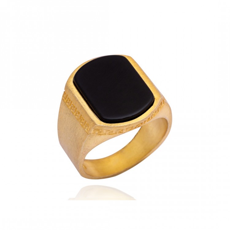 Altın Kaplama Oniks Taşlı Erkek Gümüş Yüzük
