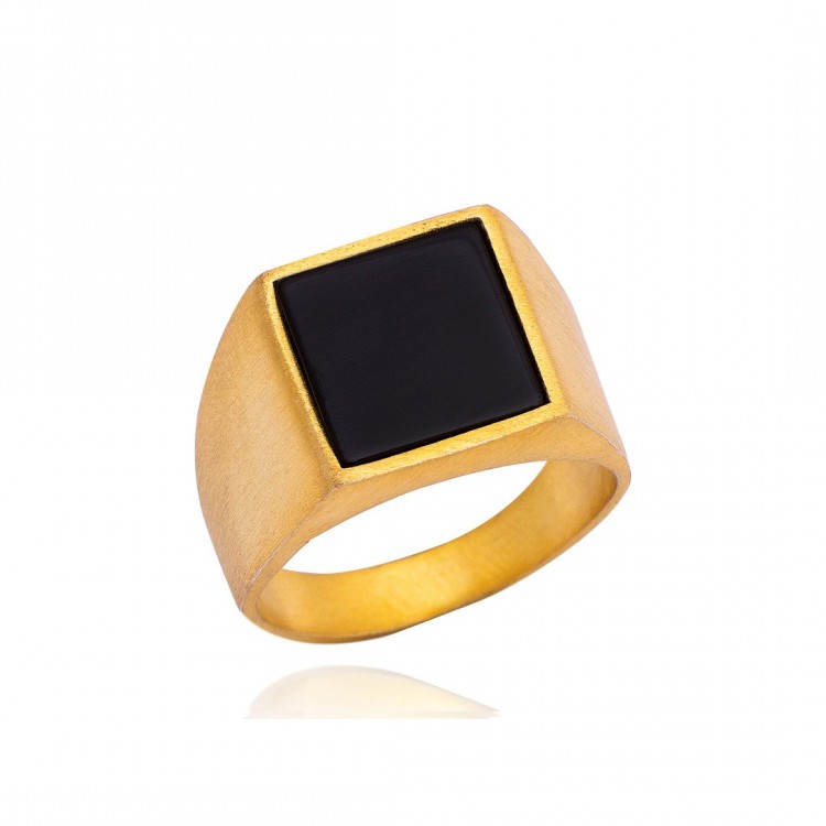 Altın Kaplama Oniks  Taşlı Erkek Gümüş Yüzük