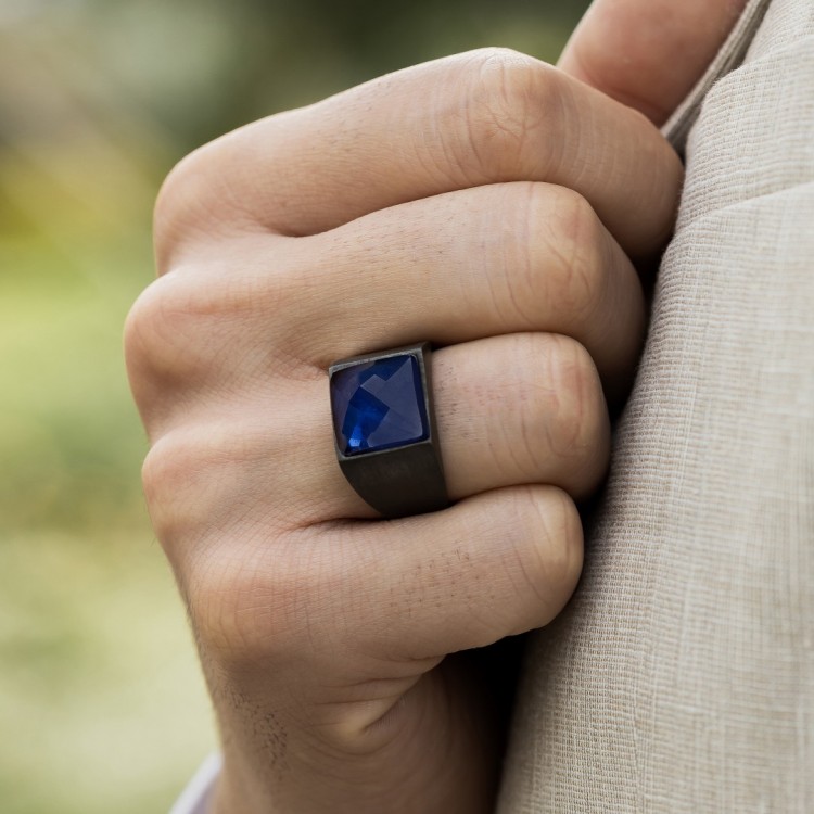 Rodyum Kaplamalı Parlement Mavisi Taşlı Erkek Gümüş Yüzük