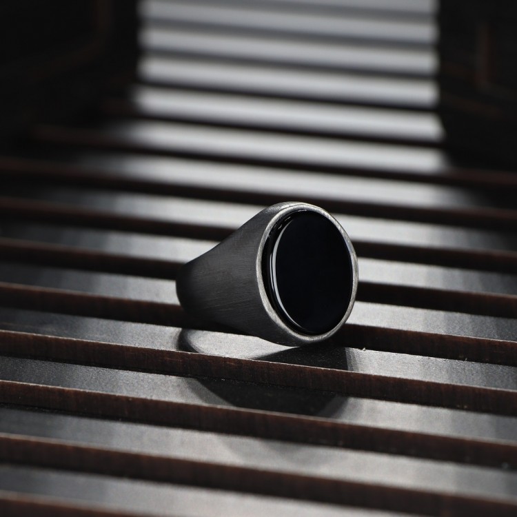 Rodyum Kaplamalı Oniks Taşlı Erkek Gümüş Yüzük