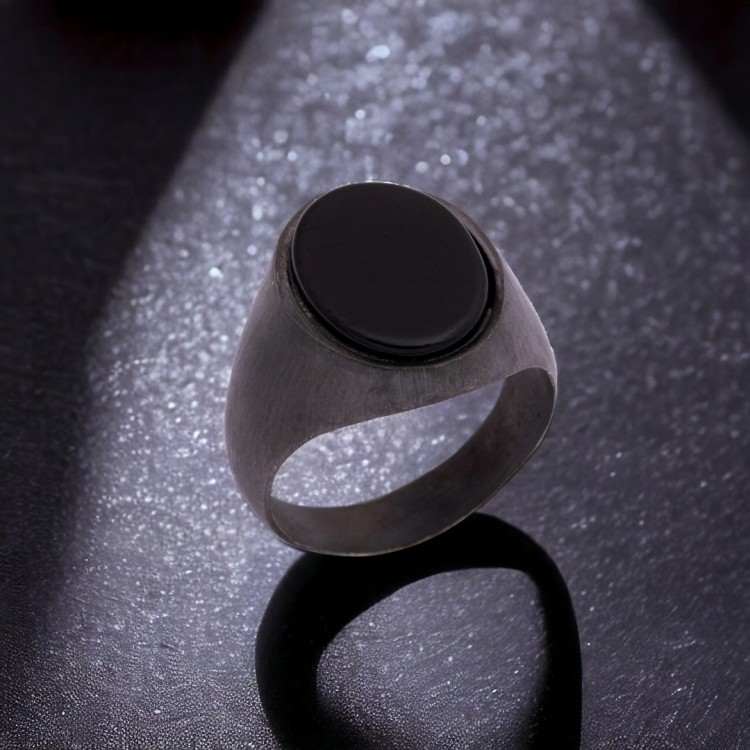 Rodyum Kaplamalı Oniks Taşlı Erkek Gümüş Yüzük