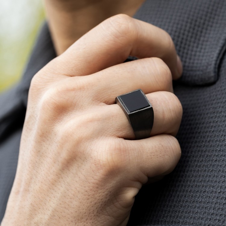 Rodyum Kaplamalı Oniks Taşlı  Erkek Gümüş Yüzük