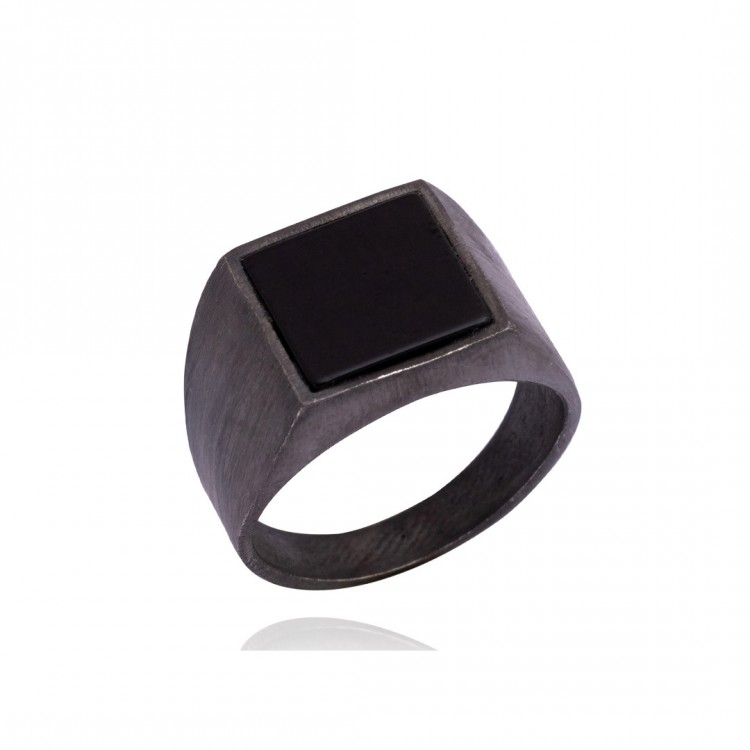 Rodyum Kaplamalı Oniks Taşlı  Erkek Gümüş Yüzük