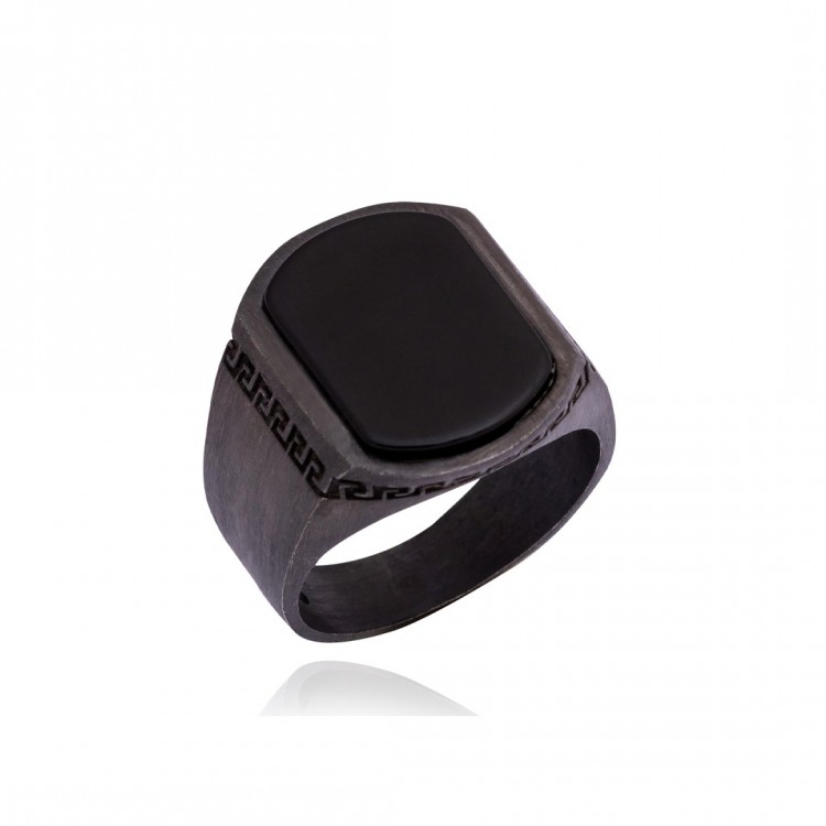 Rodyum Kaplamalı Oniks Taşlı Erkek Gümüş Yüzük