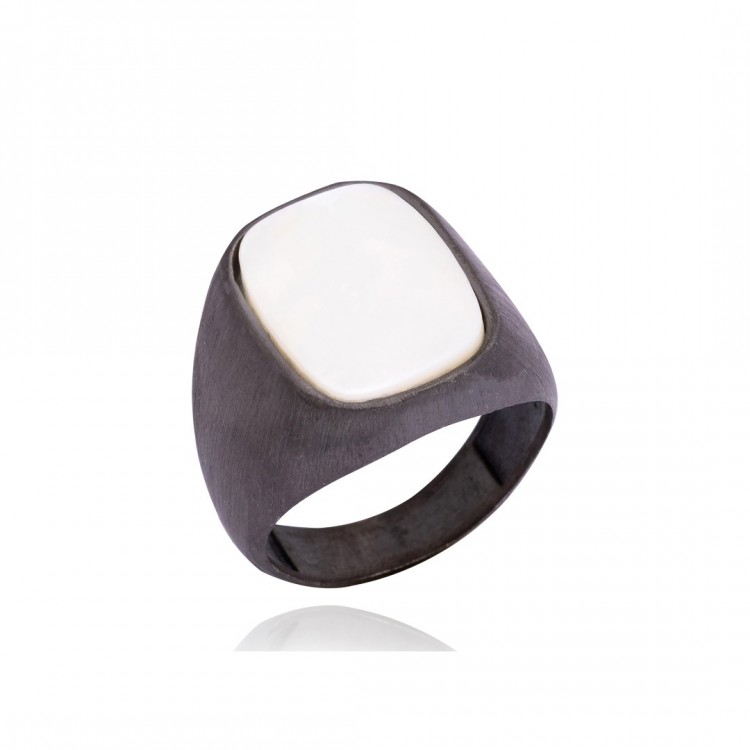 Rodyum Kaplamalı Sedef Taşlı Erkek Gümüş Yüzük