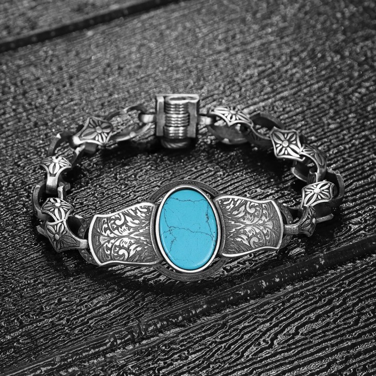 Kalem İşlemeli Firuze Taşlı Model 925 Ayar Erkek Gümüş Bileklik