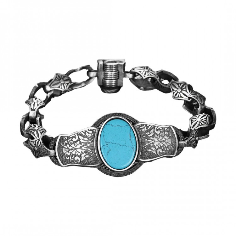 Kalem İşlemeli Firuze Taşlı Model 925 Ayar Erkek Gümüş Bileklik
