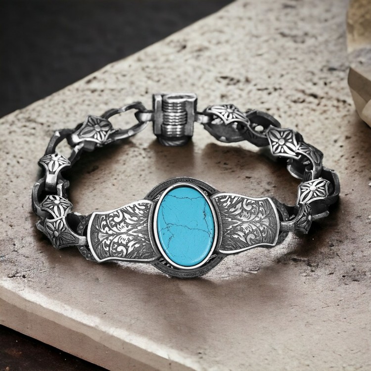 Kalem İşlemeli Firuze Taşlı Model 925 Ayar Erkek Gümüş Bileklik Kalem İşlemeli Firuze Taşlı Model 925 Ayar Erkek Gümüş Bileklik