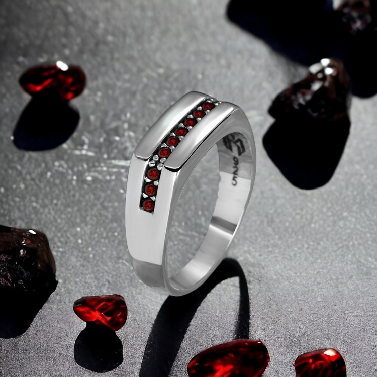  Kırmızı Zirkon Taşlı 925 Ayar Erkek Gümüş Yüzük