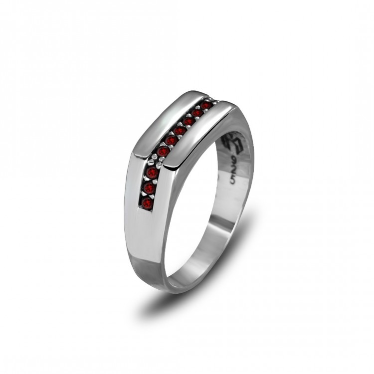  Kırmızı Zirkon Taşlı 925 Ayar Erkek Gümüş Yüzük