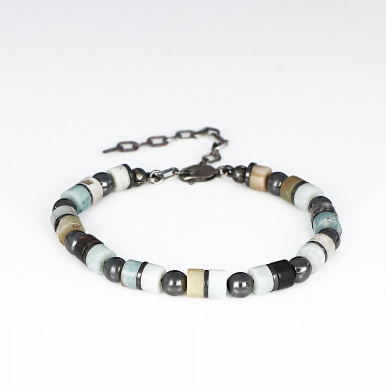 Amazonit Ve Hematit Taşlı Erkek Gümüş Bileklik 