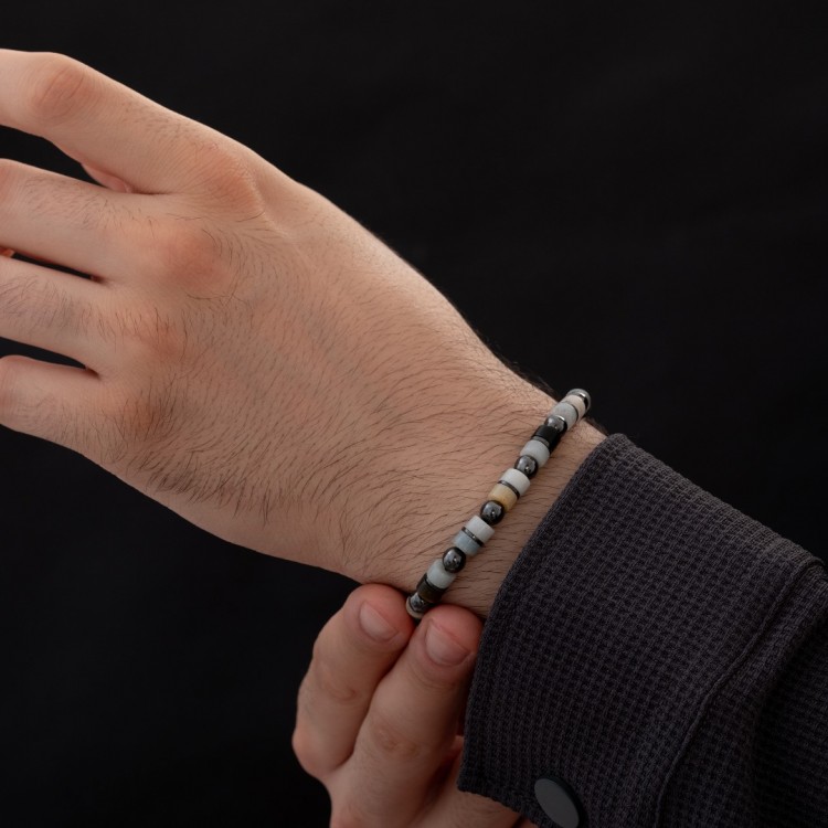 Amazonit Ve Hematit Taşlı Erkek Gümüş Bileklik 