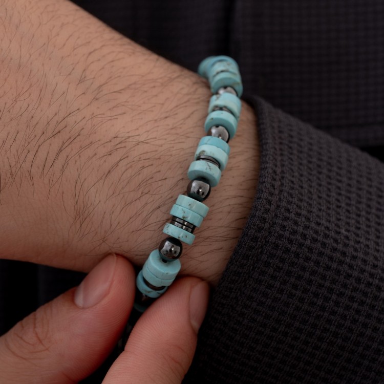 Firuze Ve Hematit Taşlı Erkek Gümüş Bileklik